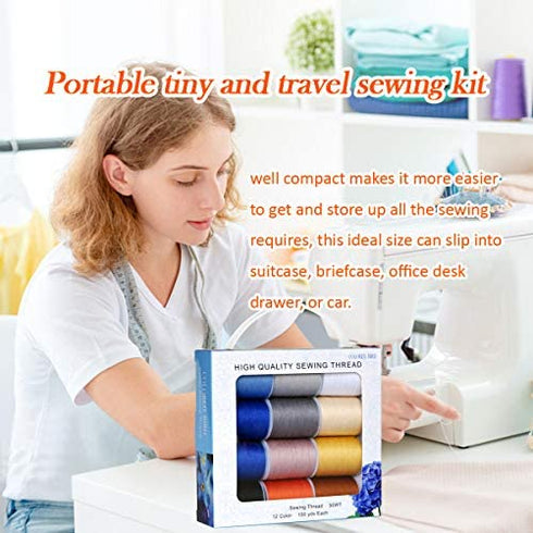 Total 1800yds SewingThread 12 Pcs Thread Spool,150Yds Each witn Buttons Sets for Sewing, Single Needle,Machine Embroidery