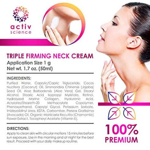 ActivScience Neck Firming Cream - Natural Anti-Aging Facial Moisturizer with Retinol Collagen & Hyaluronic Acid - Double Chin Reducer - Day & Night Anti-Wrinkle Cream - Firming, Hydrating Face Cream - 1.7Oz