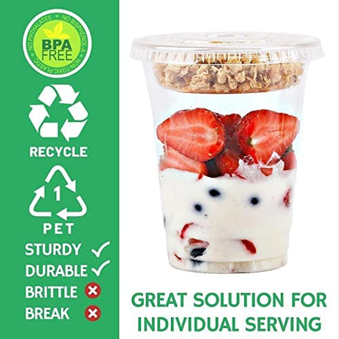 12 oz Clear Plastic Parfait Cups with Insert 3.25oz & Flat Lids No Hole - (20 Sets) Yogurt Fruit Parfait Cups for Kids, for Dips and Veggies, Take Away Breakfast and Snacks. No Leaking