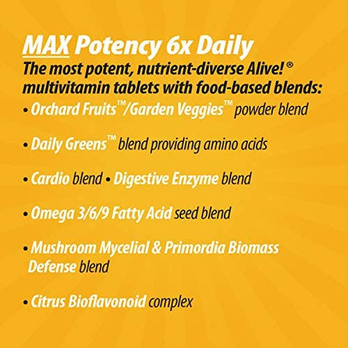 Nature’s Way Alive! Max6 Potency Multivitamin, Whole Body Nutrition, High Potency B-Vitamins, 90 Capsules