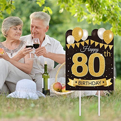 Large Happy 80th Birthday Party Yard Sign Black Gold 80 Birthday Yard Signs with Stakes and Outdoor Lawn Decorations