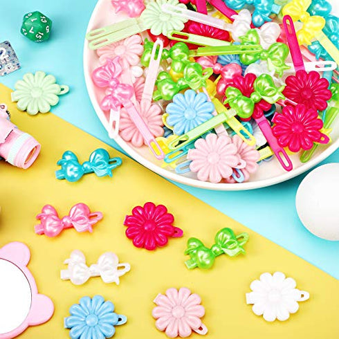 76 Pieces Self Hinge Plastic Hair Barrettes for Girls Multi-coloured Flower and Bowknot Hair Clips Cute Hair Barrettes 80s 90s Hair Clips Cartoon Design Hairpins Hair Accessories (Flower, Bowknot)