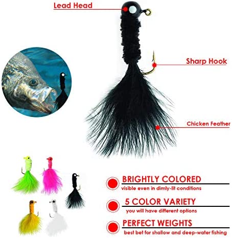 25 Piece Crappie jig Head Fishing Hook with Feather Fly Fishing Marabou jig Hooks 1/32 oz 1/16 oz 1/8 oz Assortment