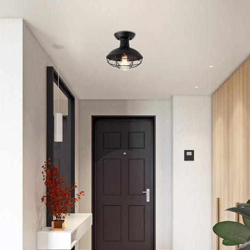 ZZ Joakoah Industrial Vintage Rustic Semi Flush Mount Ceiling Light, Metal Cage Pendant Lighting Lamp Fixture for Hallway Stairway Kitchen Garage Porch, E26, Black Painting Finish.