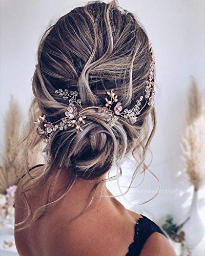 SWEETV Rose Gold Wedding Headband for Bride, Floral Bridal Headband Rhinestone Headpiece Wedding Hair Accessories