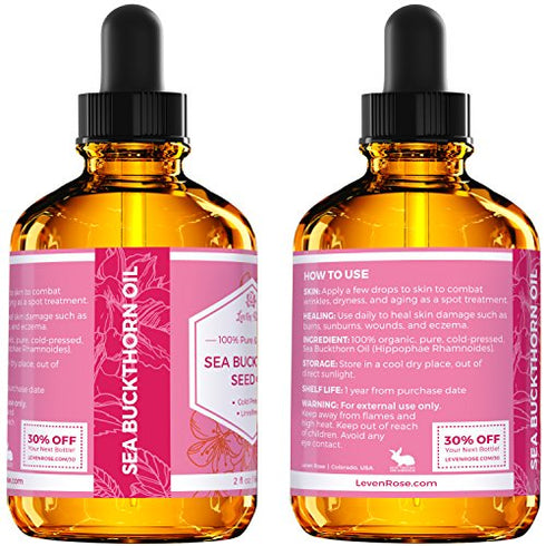 Leven Rose Sea Buckthorn Seed Oil, 100% Pure Unrefined Cold Pressed Anti Aging Acne Treatment for Hair Skin and Nails (2 oz)
