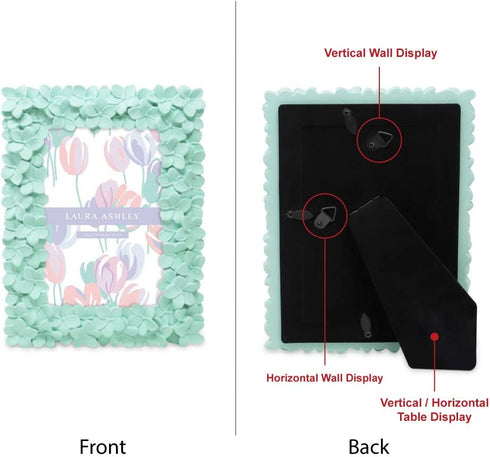 Laura Ashley 4x6 Mint Green Flower Textured Hand-Crafted Resin Picture Frame w/ Easel & Hook for Tabletop & Wall Display, Decorative Floral Design Home D©cor, Photo Gallery, Art (4x6, Mint Green)