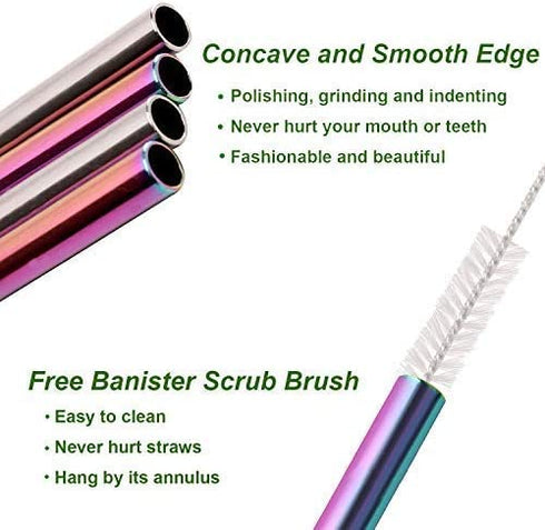 VEHHE Metal Straws Drinking Straws 10.5" Stainless Steel Straws Reusable 8 Set - Ultra Long Rainbow Color-Cleaning Brush for 20/30 Oz for Yeti