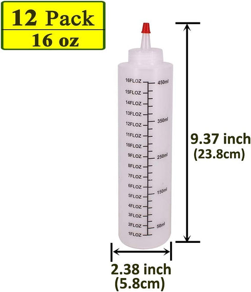 Belinlen 12 Pack 16-Ounce Plastic Squeeze Bottles with Red Cap for Food, Crafts, Art, Multi Purpose Set of 12 with extra 16 Chalk Labels 6 Red Cap and 1 Pen