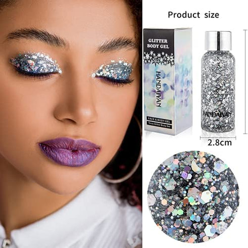 Body Glitter Gel Holographic Glitter Liquid for Festival Make Up 3 Colors Set Long-Lasting Easy to Remove (Pink,Silver,Mermaid)