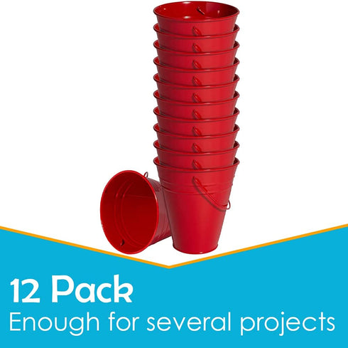 Houseables Galvanized Buckets, Metal, Red, 4.5" W x 5" H, 12 Pack, Tin, Party Supplies, Mini Toy Container, Decorative Bucket With Handle, For Candy Bars, Crafts, Vase, Favors