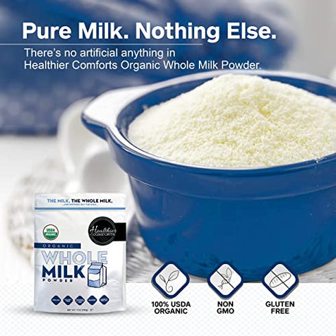 Healthier Comforts Organic Whole Milk Powder | Certified USDA Organic Powdered Milk | Kosher, Gluten Free, Non-GMO Dry Milk Powder Whole Milk | Dried Milk w/ Resealable Packaging, Shelf Stable Milk 7oz