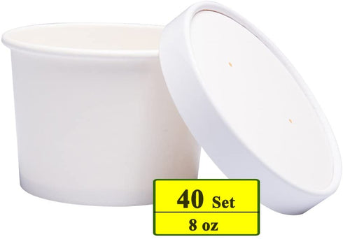 Belinlen Paper Ice Cream Cups with Paper Lids, Paper Hot/Cold Soup Cups with Lids (White) (40, 8 oz)