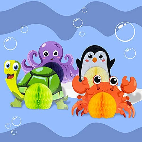 15 Pieces Sea Animal Honeycomb Centerpiece, Ocean Themed Marine Creature Decoration Table Honeycomb Party Supplies for Party Table, Birthday, Baby Shower Blue