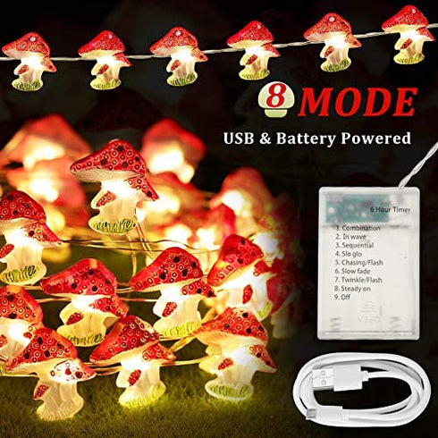 Mushroom Decor Lights 10 ft 40 LEDs Mushroom Lights Battery Powered Mushroom Night String Lights with 8 Lighting Modes Remote Timer for Bedroom Winter Christmas Party Decoration