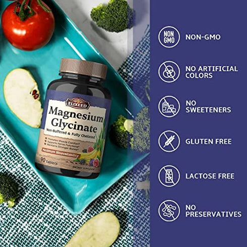 Elixeed Magnesium Glycinate, 300 mg of Elemental Magnesium, Chelated & Non-Buffered, Maximum Bioavailability, for Muscle, Bone & Nerve Health, Promotes Relaxation, 90 Tablets, Non-GMO & No Gluten