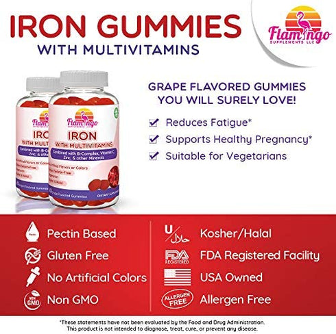 Iron Gummies Plus Multivitamin- Vitamin C, Zinc, B Complex, and Biotin for Fatigue, Anemia, Pregnancy. Good for Vegans and Vegetarians, Women, Kids, and Men. Grape Flavor. 60 Count