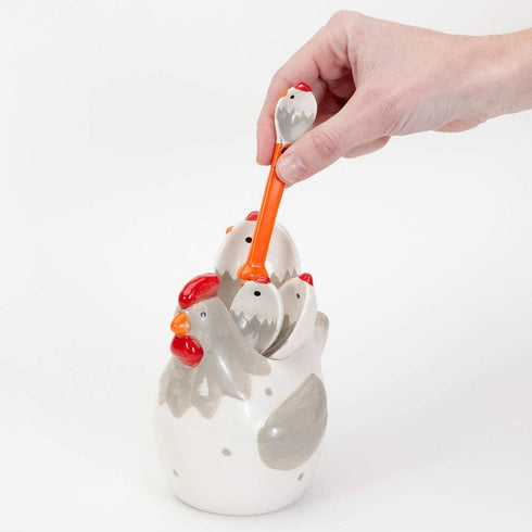 Bits and Pieces - Ceramic Chicken Measuring Spoons - Whimsical, and Practical Chicken Figurine with 4 Measuring Spoons - Adds Quirky Charm to Your Kitchen.