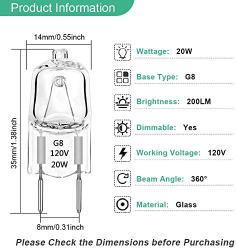 TAIYALOO G8 Halogen Light Bulbs 20W Dimmable 120V G8 Base 2Pin Xenon Bulb (12 Pack) T4 JCD Type Warm White Under Cabinet Puck Lighting Replacements