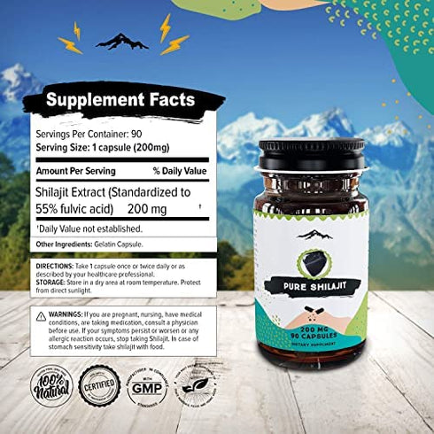 Pure Shilajit Capsules, Genuine Siberian Shilajit Extract, Natural Fulvic Acid Dietary Supplement (90ct, 200mg Each, Pack of 1)