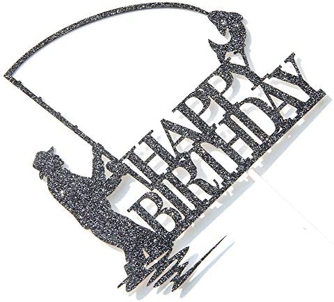 Black Glitter Happy Birthday Cake Topper, Birthday Party Decorations, Fishing Cake Topper, Fisherman Birthday Party Supplies