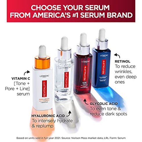 L’Oreal Paris 1.5% Pure Hyaluronic Acid Serum for Face with Vitamin C from Revitalift Derm Intensives for Dewy Looking Skin, Hydrate, Moisturize, Plump Skin, Reduce Wrinkles, Anti Aging Serum, 1 Oz