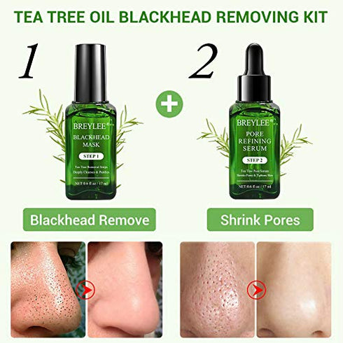 Blackhead Remover, BREYLEE 3 in 1 Blackhead Removing Kit Tea Tree Oil Blackhead Remover Mask Kit Blackhead Solution Kit Nose Strips Pore Strips Peeling Mask Set