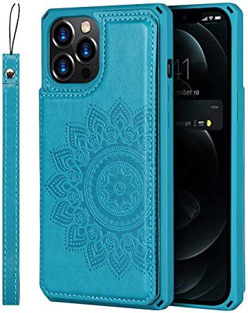 Jaorty iPhone 12 Pro Max Wallet Case with RFID Blocking Card Holder,Premium PU Leather Double Magnetic Buttons Stand Flip Wrist Lanyard Strap Back Cover for iPhone 12 Pro Max 6.5 Inch,Blue