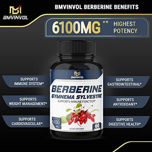 5-in-1 Berberine Supplement 6100mg with Ceylon Cinnamon, Gymnema Sylvestre, Bitter Melon & Black Pepper - Supports Immune Function, Cardiovascular Heart (60 Count)