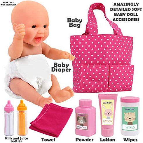 Click N' Play Baby Girl Doll Diaper Bag, Pink Soft Carrying Bag Including Cleaning, Caring and Feeding Accessories