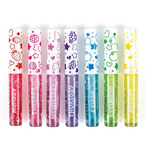 Three Cheers for Girls by Make It Real - 7 Days Glitter Lip Gloss - Flavored Lip Gloss Set for Girls - Strawberry, Raspberry, Vanilla and More! - 7 Piece Lip Gloss Kit