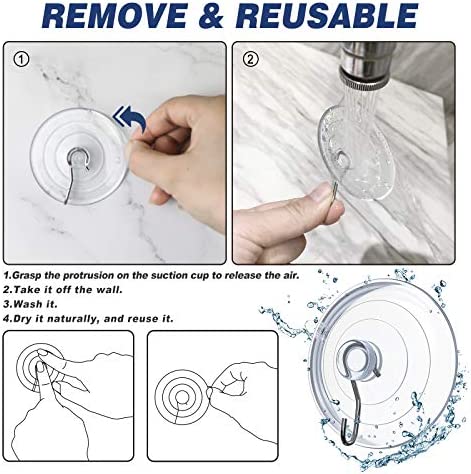 Znben Suction Cup Hooks, 2.5 Inches Clear Large Suction Cups with Metal Hooks 7 LB Reusable Heavy Duty Suction Cups for Kitchen Bathroom Shower Wall Window Glass Door - 6 Pack