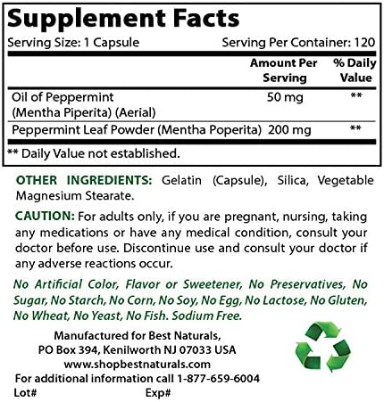 Best Naturals Peppermint Oil Bowel Soothing Dietary Supplement, 250 mg, 120 Count