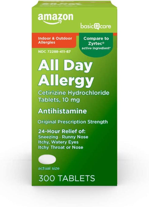 Amazon Basic Care All Day Allergy, Cetirizine Hydrochloride Tablets, 10 mg, Antihistamine, 300 Count