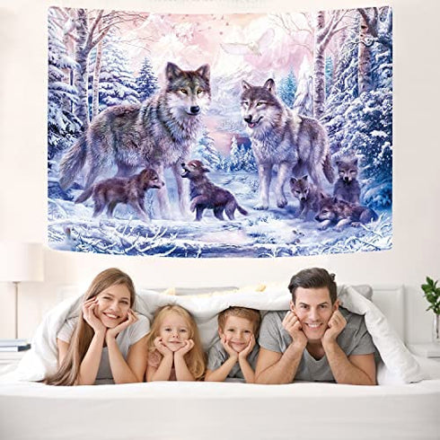 KYKU Snow Wolf Tapestry Pink Family Wolves Tapestry Wall Hanging Wild Animal Tapestries for Bedroom Living Room Dorm Decor (W59.1 × H51.2, Pink)