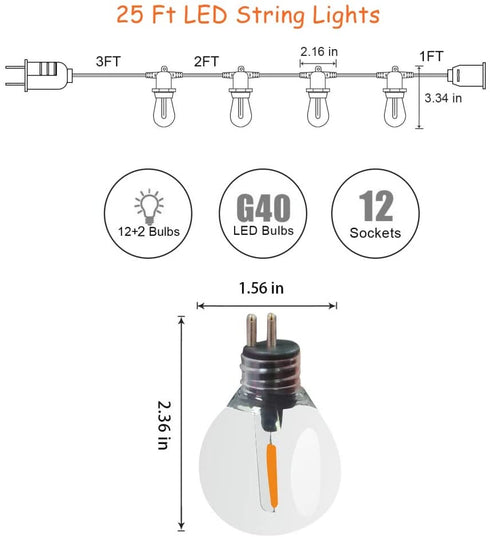 LED Outdoor String Lights, Outdoor Patio Lights, Shineled Waterproof IP64 Commercial Connectable Porch Lights with 12 G40 Globe Plastic Bulbs (2 Spare) for Patio, Backyard, Garden, Bistro, Café (25FT)