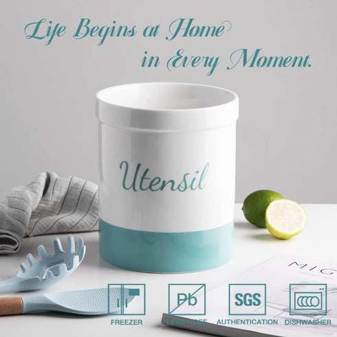 SWEEJAR Kitchen Utensil Holder, 7.2" Ceramic Utensil Crock for Cooking Countertop, Housewarming, Wedding, Birthday Gift (Turquoise)
