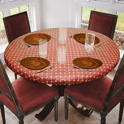 Covers For The Home Deluxe Elastic Edged Flannel Backed Vinyl Fitted Table Cover - Fashion Diamond (Rust) Pattern - Small Round - Fits Tables up to 40" - 44" Diameter