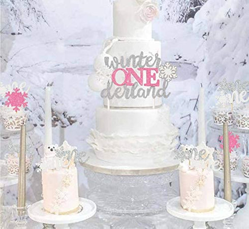 Glitter Winter Onederland Birthday Cake Topper( set of 1 ) and Snowflakes One Winter Wonderland Cupcake Toppers ( set of 12 ) Winter First Birthday Party Decorations Baby Girls 1st Birthday