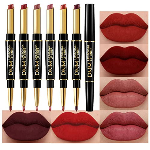 6Pcs Lip Liner and Lipstick Lip Stain Makeup Set, DNM Dark Red Black Nude Matte Lipstick with Lip Liner Set Long Lasting Waterproof 24 Hour Lipstick and Lip Liner Set labiales matte larga duracion 24