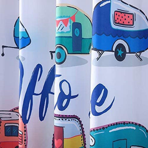 TOMOZ RV Shower Curtain for Camper Trailers Camping Bathroom, Off to See The World Retro Camper Trailer, Waterproof Stall Shower Curtain with Hooks Set 47x64 Inch