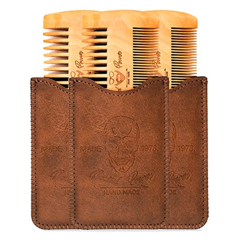Menesia 3 Pieces Wooden Beard Combs with Cases for Men Beard, Fine & Coarse Teeth, Men's Wood Pocket Comb for Beards & Mustaches & Hair,Brown Skull Design