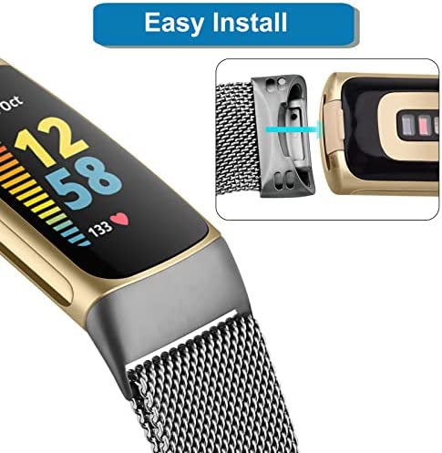 Tobfit Metal Band Compatible with Fitbit Charge 5 Bands for Women Men, Magnetic Clasp Stainless Steel Mesh Loop Strap (Black & Space Gray)