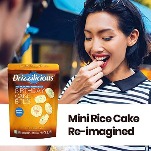 Drizzilicious Birthday Cake 4oz Single Pack | Mini Snack Chocolatey Rice Cakes | Vegan Air Popped Chia, Quinoa, Flax Snack