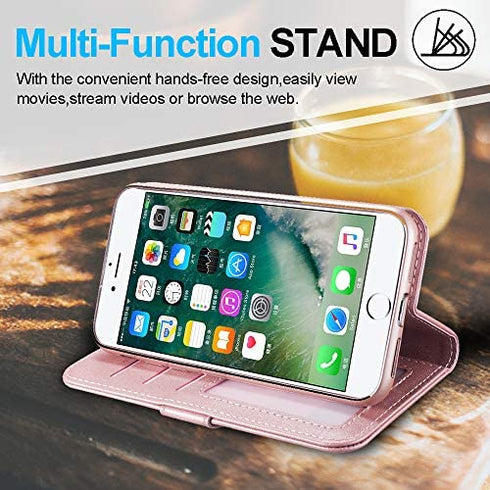 KUDEX iPhone 7 Plus Wallet Case for Women,iPhone 8 Plus Case, Flip Leather Shockproof Magnetic Zipper Pocket Wallet Purse Case w/Stand Card Slot Holder Wrist Strap for iPhone 7 Plus/8 Plus (Rosegold)