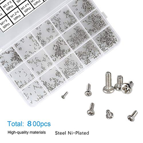 HanTof 800pcs M1/M1.2/M1.4/M1.6/M1.7 Tiny Screws for Electronics, Very Small Phillips Pan Head Machine Screws, Micro screws, Mini Screws Assortment Kit for Electronic Repair,Nickel-Plated Carbon Steel