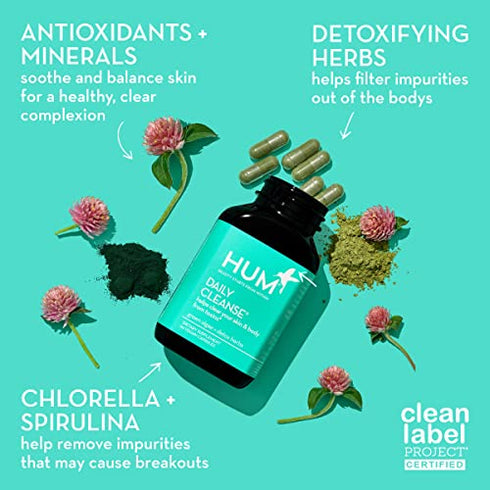 HUM Daily Cleanse Clear Skin Herbal Supplements - Improved Digestive Health + Natural Detoxification Support with Green Algae, Detoxing Herbs & Minerals - Body Detox & Skin Supplement (60 Capsules)