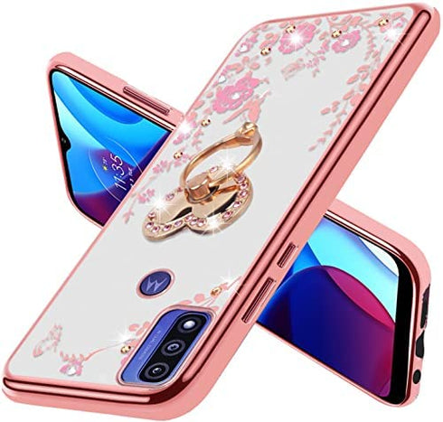 B-wishy for Motorola Moto G Pure Case.Moto G Power Case 2022 for Women, Glitter Crystal Butterfly Heart Floral Slim TPU Luxury Bling Cute Cover with Kickstand+Strap for Motorola Moto G Pure(Rose Gold)