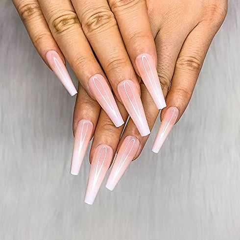 Morily 24pcs Fake Nails Ombre Ballerina Long Coffin Press on Nail False Tips Artificial Finger Manicure for Women and Girls (White)