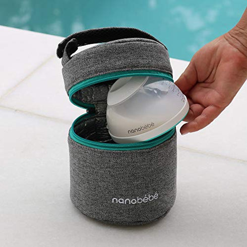 nanobebe Breastmilk Baby Bottle Cooler & Travel Bag with Ice Pack Included. Compact Triple Insulated, Easily attaches to Stroller or Diaper Bag- Grey